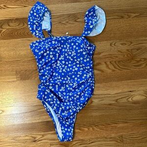 Blue and white flowered one piece swimsuit